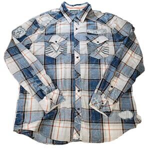 Affliction Black Premium Embroidery Button Front Long Sleeve Plaid Shirt 2XL